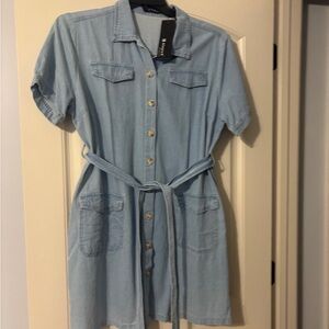 Allegra K Blue Jean Polo Collar Mini Dress Casual Resort Wear